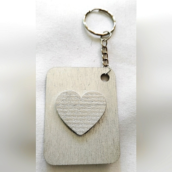 NEW Handmade Keychain Bag Tag! Hologram Geo2. & Silver Wood Heart. Unisex. - Picture 4 of 7